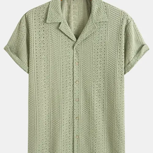 Men's Geometric Jacquard Short Sleeve Casual Comfy Collared Party Shirt, Casual Design, Loose Breathable Relaxed Fit Casual Comfy Breathable Top for Summer, Men's Clothes for Daily Wear, Tropical, Casual Stylish Menswear, Knit Shirts #GLOBAL PICKS
