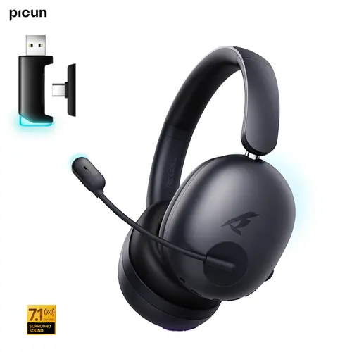 Picun UG-10A Wireless Gaming Headset - 7.1 Surround Sound, -56dB Noise Cancelling, 100H Battery Life, 40mm Drivers, Quad-Mode Connectivity (2.4G/Bluetooth/Wired), RGB Lighting, HD Mic for PC/PS4/PS5, Multiplatform Gaming Headset