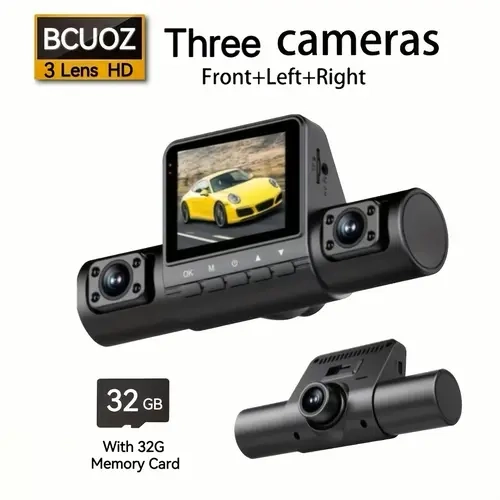 360-Degree Car Dashboard Camera, 3-Channel FHD 3*1080P 30fps Smooth Video Recorder with Front/Left/Right Lenses, IR Night Vision Safe Driving Camera, 32GB Ready to Film Car Driving Recorder