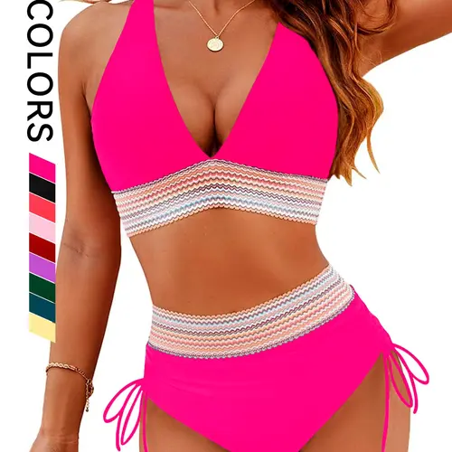 Two-piece Women's Patchwork Bikini Set, Casual Fashion Chic Swimsuit Set for Beach Vacation, Ladies Swimwear for All Seasons, Swimsuit Style Bikini, String Swimsuits, Swimwear Sets