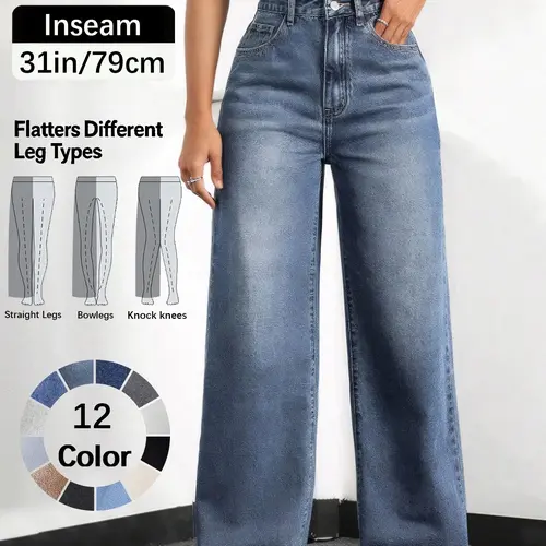 Women's Elastic Waist Denim Jeans with Pockets and Buttons, Loose Straight Jeans, Casual Basic Fashion Comfortable Trousers for All Seasons, Perfect for Any Occasionstacked pants Womenswear, Ankle Straight Jeans, Comfy Denim Jeans