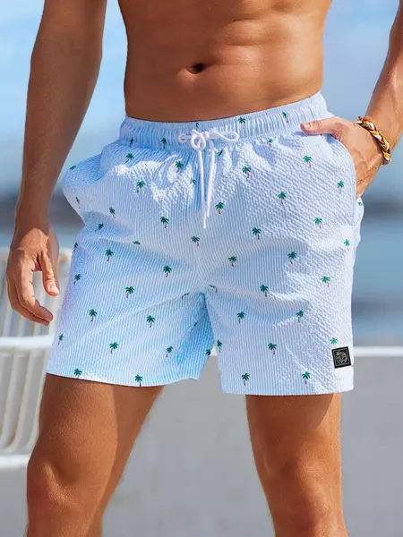 Men's Regular Fit Palm Tree Print Boxer Brief Swim Shorts, Casual Comfy Breathable Swim Shorts for Summer, Men's Swimwear for Beach Vacation, Beach Trunks, Printed Trunks, Lightweight Beach Trunks