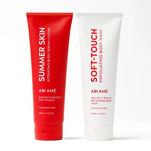 Soft Skin Routine: exfoliate + hydrate, body care for dry skin, body exfoliant, glycolic acid, salicylic Acid, body acne treatment Hyaluronic Hydrating