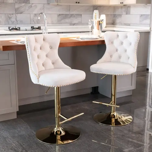 Beige Tufted Velvet Barstools with Backs - Set of 2, Adjustable Height (25"-33"), 360-Degree Swivel, Modern Upholstered Counter Height Stools for Kitchen Island & Home Pub, Barstools Counter Height