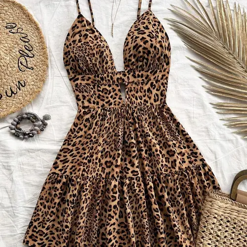 Women's Leopard Print V Neck Dress with Adjustable Straps and Backless Cut Out, Slim Fit Casual Sleeveless Party Wear for Summer and Vacation Printed Dress