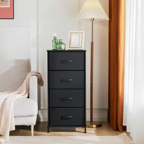 Modern 4-Drawer Skinny Fabric Dresser - Sturdy MDF+Steel Home Storage Cabinet with Sliding Door, Smooth Easy-Pull Drawers for Bedroom, Waterproof Indoor Furniture Organizer