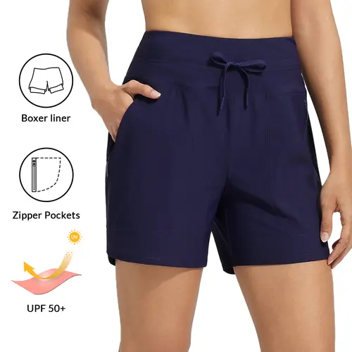 baleaf Women's Swim Trunks, 5" High Waisted Board Shorts with Boxer Liner, Quick Dry Tummy Control & Zipper Pockets, UPF 50+, Comfy Swim Shorts
