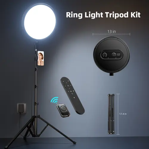 Weilisi 13" Full-Screen LED Ring Light - 79" Adjustable Aluminum Stand, Remote, 1/4" Screw Mount, 180° Tilt Control, 360° Head Reaim, CRI>95 True Color, 13" Fullface Glow for 4K Makeup Videos, Content Creators' Vlogging/Streaming Equipment