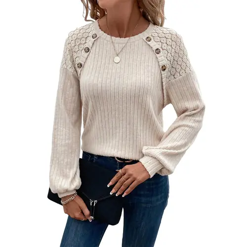 EVALESS Women’s Knitted Longsleeves Fall Fashion Top - Loose Crew Round Neck, Soft Plain Fabric, Contrast Lace Patchwork, Viscose-Polyester Blend Tunic with Buttons, Everyday Foldable Outfit for 2026 Valentines Day (Pairs with Leggings, Cold Wash)