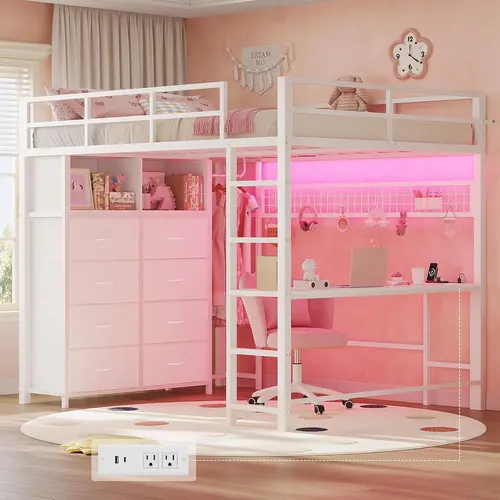 Sikaic Loft Bed Full Size with Desk and 8 Storage Drawers, LED Metal Loft Bed with Power Outlet, 2 Shelves & Clothing Rack, Bed with Safety Guardrail & Ladder, Space-Saving, Home Furniture Christmas Gifts cozy home familyfun [TikTokShopblackfriday]