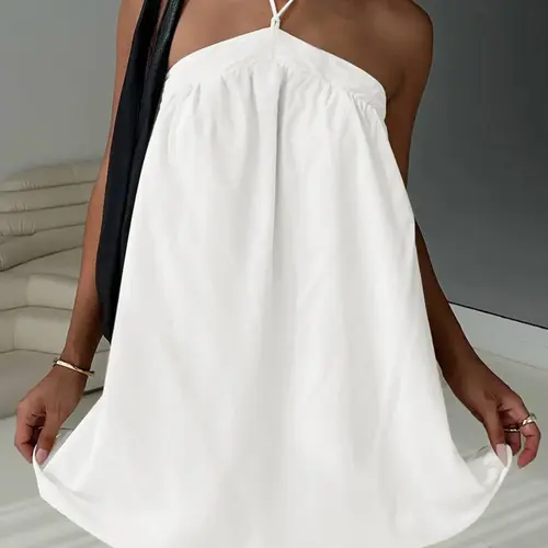 Women's Solid Color Halter Neck Dress, Minimalist Tie Back Dress, Casual Sleeveless A-Line Dress for Summer, Ladies Clothes for Beach & Holiday, Casual Elegant Dresses