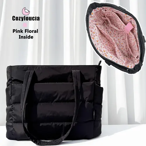 CozyLoucia Cute Puffer Tote Bag for Women Pink Flower Print Interior Laptop Shoulder Handbag, Lightweight Best Tote Bag for Work with Multiple Compartments for Travel , Work  and School, Quilted Puffer Bag, Gifts For Women DealsforYouDays