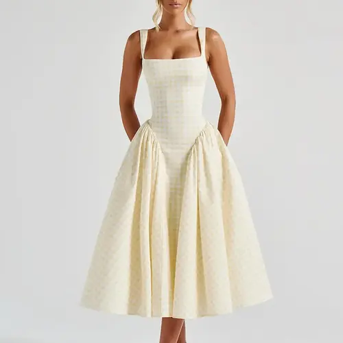 Women's Chic Vibe Gingham Print Square Neck Strappy Tank Dress Fashion Sleeveless Slim-Fit A-Line Dress for Daily Outdoor Wear, Ladies Dress for Summer, Womenswear, Fashionable Dress, A Line Dresses