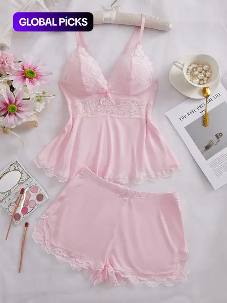 Women's Solid Color Lace Trim Cami Top & Shorts Pyjama Two-piece Set, Cute Casual Comfy Soft Elegance Camisole & Shorts PJ Set Pajamas, Women's Sleepwear & Loungewear Homewear for All Seasons, Lingerie, Womenswear