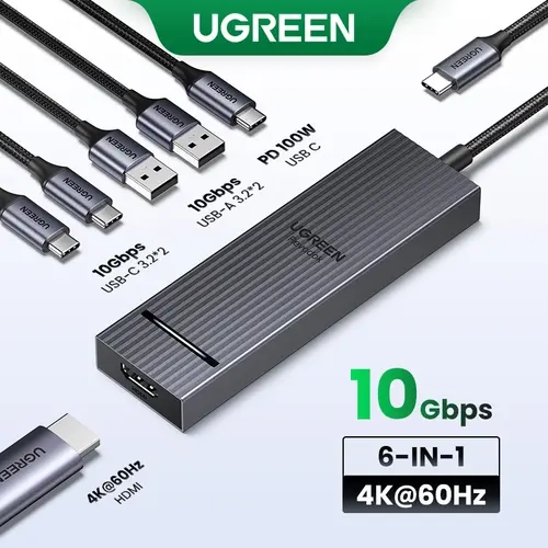 UGREEN Revodok Powered USB-C Hub 6-in-1 - Multiport Adapter, Charging Hub, 10Gbps Dual Data+Video Ports, 4K 60Hz HDMI Output, 100W USB-C Power Delivery, Nylon Build, Driver-Free for Laptops (MacBook Series)