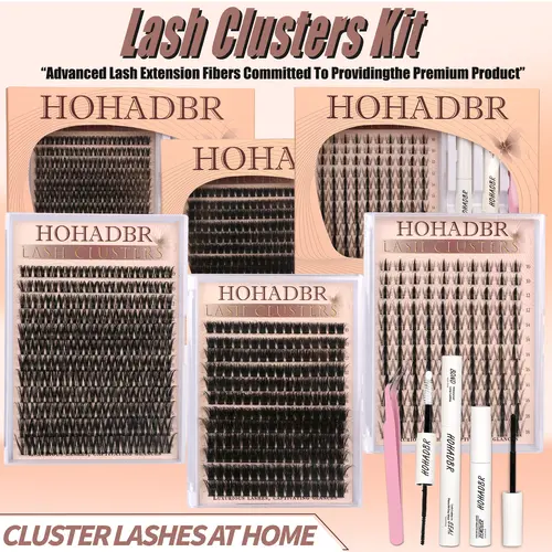 HOHADBR Lash Cluster Kit (8-16mm) - Natural Individual Fairy Wispy Thick False Eyelashes, Waterproof Lash Bond and Seal, Applicator, Cosmetic Makeups, Eyelash Extension Accessories Bundle, #backtoschool