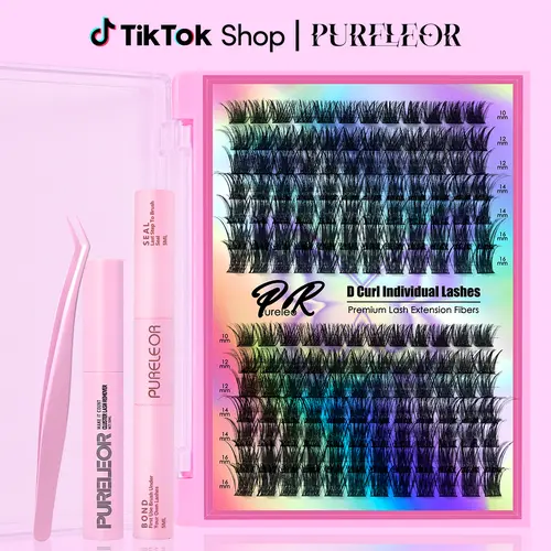 PURELEOR Cluster Lashes Kit with 2-in-1 Bond & Seal Glue, D-Curl 10mm/12mm/14mm/16mm, Beginner-Friendly False Eyelashes Extensions