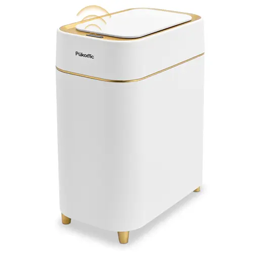 Pukomc Automatic Dustbin - Motion Sensor Auto Open Waste & Recycling, Knee-Easy Clean, Hands-Free Wave Open, Quick Silent Operation, Fast-Removable Liner, Battery-Powered White Kitchen Garbage Can for Home Use
