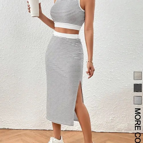 Women's Striped Print Crop Top & Skirt Two-Piece Set, Casual Fashion Cozy Top & Skirt for Daily Outdoor Wear, Ladies Clothes for All Seasons