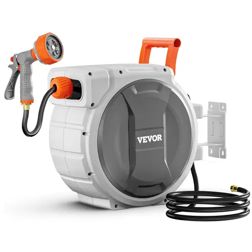 VEVOR Wall-Mounted Heavy-Duty Water Hose Reel, 1/2 inch x 145 ft PP Shell Holder, Brass 9-Pattern Nozzle, Lockable Length, Upgraded Slow Rewind System, 180° Rotation Bracket, 600psi Burst Test, All-Weather Durability, Adjustable Outdoor Watering Equipment