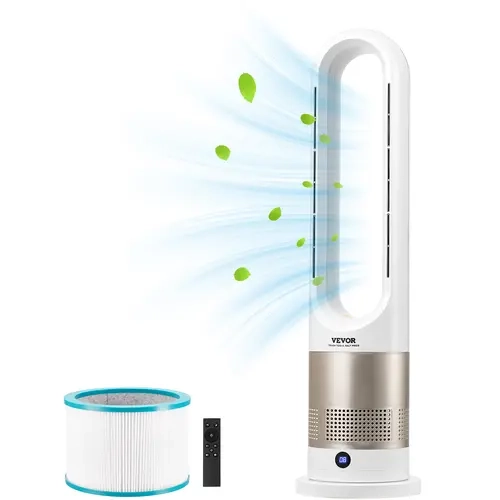 【toolupgrade】VEVOR Bladeless Tall Stand Adjustable Turbo Fan - 16 ft/s Velocity Quiet Household Item with Cooling & Heating Air, 80° Oscillation, 8 Speeds, 9H Timer, Built-in Remote Control for Bedroom Users, Office, Stay Cool