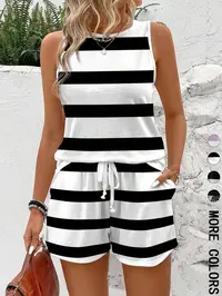 Two-piece Set Women's Striped Print Tank Top & Shorts, Striped Knit Sets, Casual Sleeveless Lightweight Top & Shorts for Summer, Ladies Clothes Outfit for Daily Wear, Womenswear