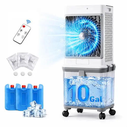 KTO 10Gal Evaporative Air Cooler Fan & Humidifier & Air Cooling &Essential Oil,2500CFM Portable Cooling Fan,3Speeds,7H Timer,Smart Remote,Swamp Cooler for House,Bedroom,Outdoor Camping Vlogging Kit