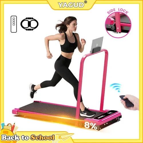 【New Arrival】OUTDOORFUN YAGUD Electric Folding Treadmill with Handrail, Low Noise Motor – 330lbs Weight Capacity Spacious Belt Walking Pad, Dual Shock Absorption, Remote Control & Wheels for Easy Moving – Includes Free Resistance Bands and Remote