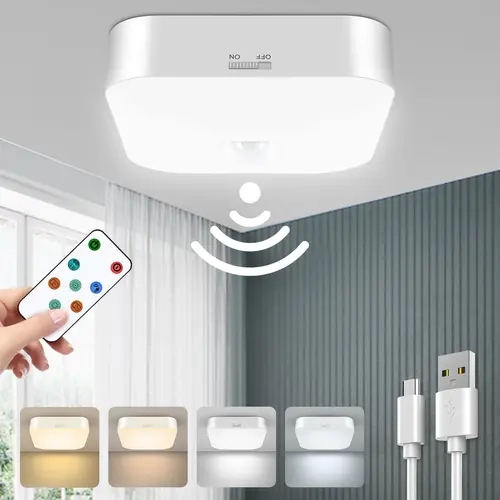 Rechargeable Motion Sensor Ceiling Light - USB Power Lamp, 500lm Brightness, Adjustable 3000K-6000K, Wireless Remote-Controlled, Auto Shut-Off, Indoor/Outdoor Sensor Control Lighting, Nightlight for Bedroom, Wall Lighting, Closet Use, Father's Day Gift