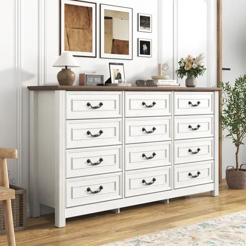63" Wide Farmhouse Bedroom Dresser - 63"w × 15.7"d × 35.3"h Floor-Standing Storage Cabinet with 12 Deep Wood Drawers, Curved Vintage Handles, Thick Top, 75" TV Support, Anti-Tip Safe Unit (Assembly Required)