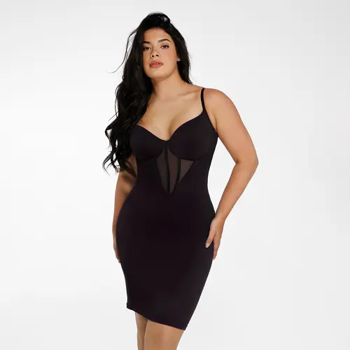 POPILUSH Women's Slimming Lightweight Mesh Corset Panel Dress with Built-In Sculpting, Elegant Straps, Midi Length - Creator Live