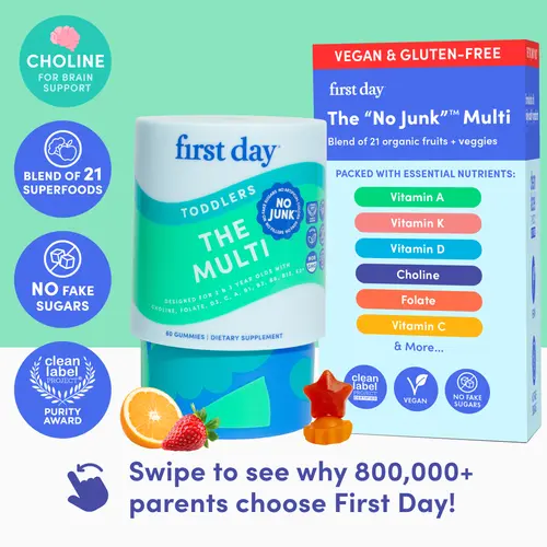 First Day Toddler Multivitamin Gummies Ages 2-3, 21 Organic Superfoods, 10 Essential Nutrients, Choline + Vitamin D3 + B12, Strawberry Orange Flavor, Vegan, Non-GMO, No Junk