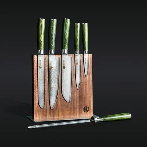HexClad 7-pc Green Damascus Steel Knife Set with Magnetic Knife Block