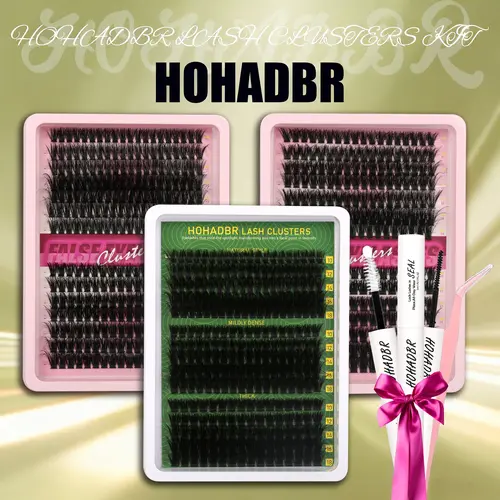 HOHADBR Eyelashes Clusters Kit - 60D-80D-100D Thick Volume D Curl 10-18mm Individual Lash Extensions, Bond & Seal, Tweezers for Adult Self-Makeup Application