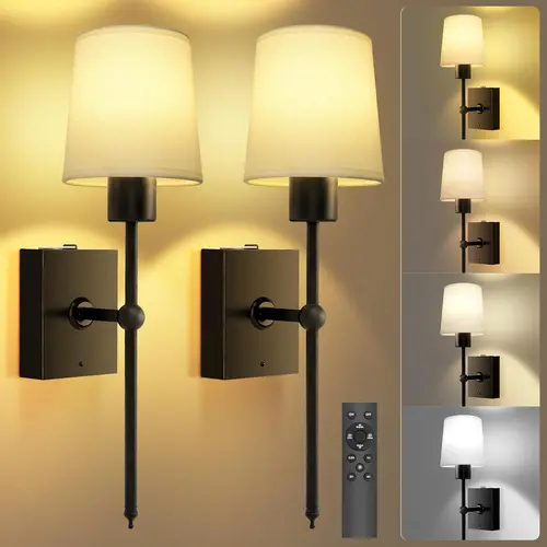 TOOWELL 2-Pack Wireless Battery-Operated Wall Sconces with Remote - Adjustable Brightness, White Fabric Shade, LED Lights for Bedroom, Indoor Wall Decor Living Room Lamps, Wireless Wall Sconces