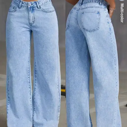 Women's Wide Leg Jeans with Pocket, Casual Button-Up Denim Pants, Loose Fit with Natural Waist for Everyday Wear Bottom