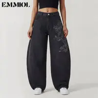 EMMIOL Women Hip Hop Baggy Jeans Wide Leg Mid-Low Waist Barrel Jeans Loose Boyfriends Jeans 90s Vintage Denim Pants casual comfy Cherry Blossom Embroidery Black Womenswear Summer Vibes SohoChic【Back to School】