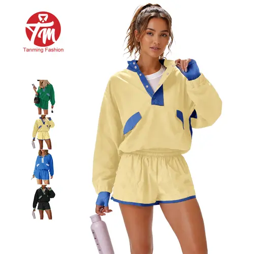 Tanming Women Colorblock 2 Piece Sets - Long Sleeve Pullover & High Waist Shorts - Matching Outfits with Pockets Casual Spring Summer Fall Work School Vacation Loungewear Clothing