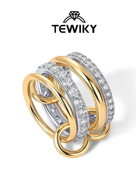 Tewiky Gold  Interlocked Stackable Rings for Women - Statement Multi Ring Mixed Metals Stack - Cubic Zirconia Two-Toned Stacking Jewelry