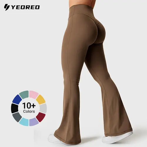 YEOREO Women's Kalie Flare Scrunch Wide Leg Yoga Pants - V-Cross Waist Bell Bottom Activewear with Tummy Control, UV-Protective Athleisure Bottoms for Athletes' Workouts