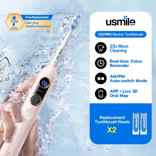 usmile Y20 PRO AI-Powered Rechargeable Electric Toothbrush - Nylon Bristles, Smart Control, AM/PM Switch, 5 Cleaning Modes, Plaque Removal, App Sync, Bone-Conduction Prompts, 90-Day Battery Life, USB-C Charging