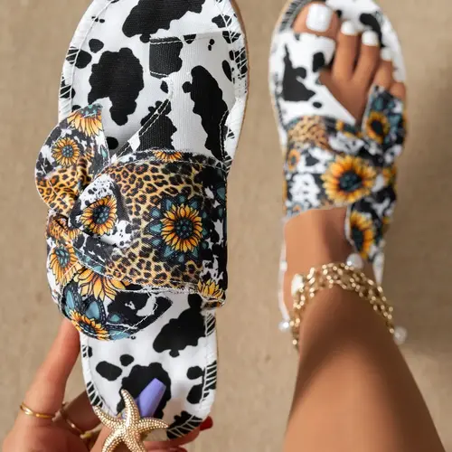 Summer New Women's Sandals, Lightweight Comfortable Sole Leopard Print Flat Rubber Sandals, Casual Beach Holiday Shoes, Ethnic Style Sandals, Bohemian Style Sandals, Boho Style Sandal