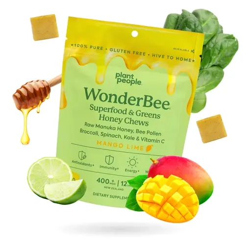Plant People WonderBee + Greens Superfood Manuka Honey Chews, All-Natural Raw Ingredients, Organic Lemon Flavor Wellness Supplement