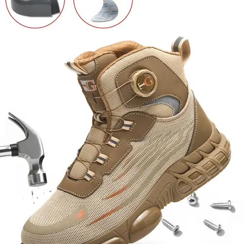 MELLOWMILES Men's Worker Steel Toe Work & Safety Shoes - Lightweight, Non-Slip, Puncture-Resistant, Breathable Striped Polyester Fabric, Chic Heat-Cool Mesh, Above-the-Ankle Below-Knee, Magnetic Details, TPU, Lace-Up Flexible Sneakers, Warehouse Gear