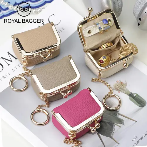 Royal Bagger Women's Vintage Genuine Leather Wallet Purse - Kiss Lock Closure, Gold Hardware, Detachable Keychain, Detachable Coin Holder, Jewelry Organiser, Mini Everyday Carry Pouch, Elegant Casual Accessory