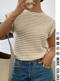 Women's Striped Print Crew Neck Tee, Casual Slim-fitting Cap  Sleeve T-shirt, Ladies Summer Clothes for Daily Wear, Top