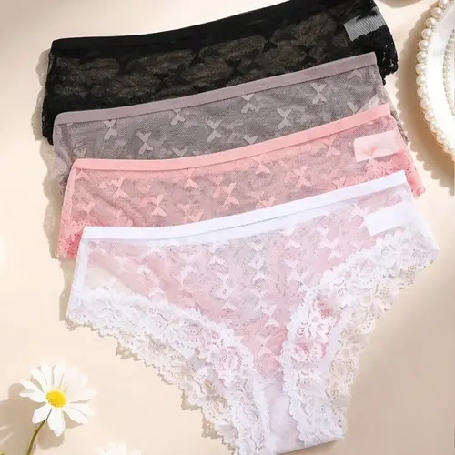 Women's 4pcs Butterfly & Floral Print Sheer Lace Triangle Panties, Casual Comfy Breathable Elegant Lady Knicker for Daily Wear, Women's Underwear Lingerie for All Seasons, Lace Patterned Underwear, Lace Fitted Panty