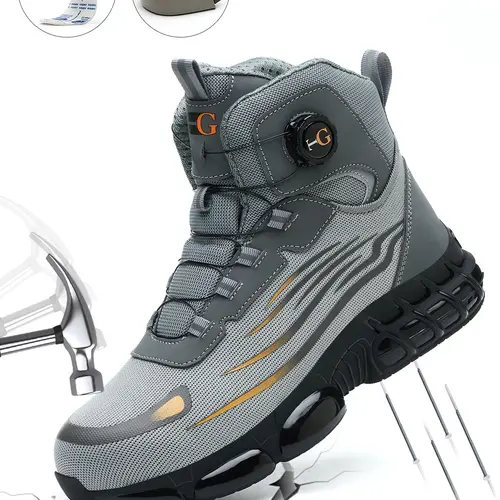 MELLOWMILES Men's Black Mid-Cut Steel Toe Work Boots-Lace-Free Rotary Buckle Puncture-Proof Smash-Proof Non-Slip Safety Sneakers - Father's Day Gift Closed Nail Bathroom Shoe Walking Shoes Walking Shoes Decor Creeper Active SummerWins DealsForYouDays,fath