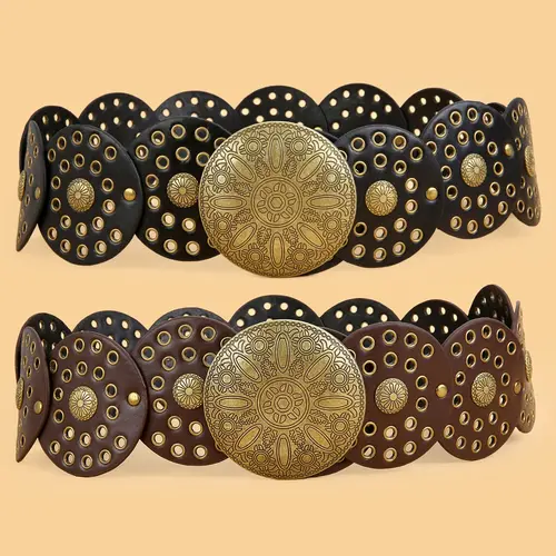 Women's Disc Buckle Belt, Vintage Trendy Belt, Fashionable Clothes Accessories for Daily & Party Decoration, Western Concho Belts, Boho PU Belt
