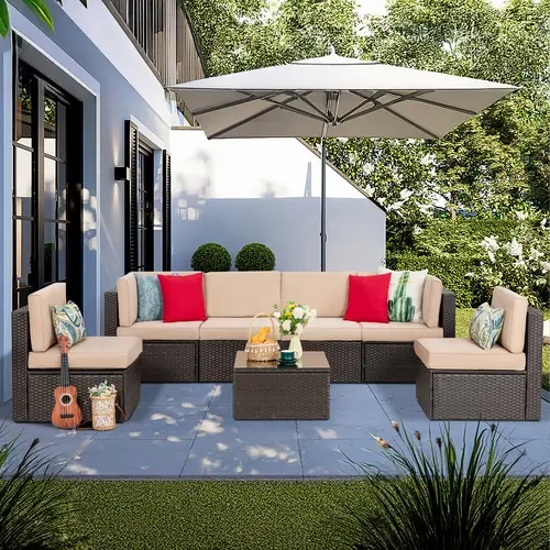 Walsunny 7 Pieces Outdoor Patio Furniture Sofa Set, All Weather PE Rattan Wicker Sectional Sets Modern Modular Couch Outside Conversation Set with Thick Cushions and Glass Coffee Table Outdoorfun